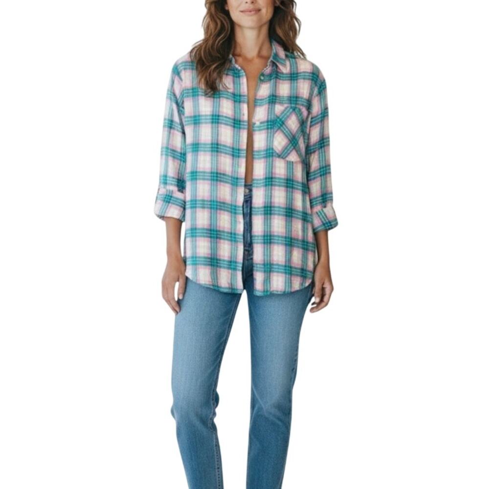 Lauren James Pink Green Plaid Boyfriend Shirt Medium Oversized Button Down